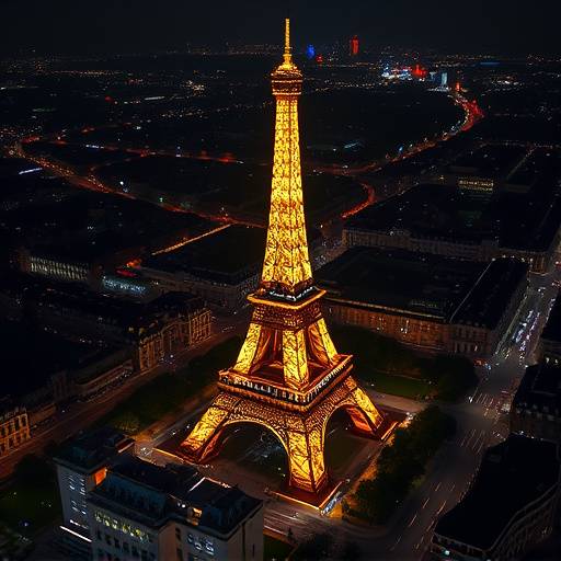 Vue aérienne de Paris avec la Tour Eiffel illuminée la nuit