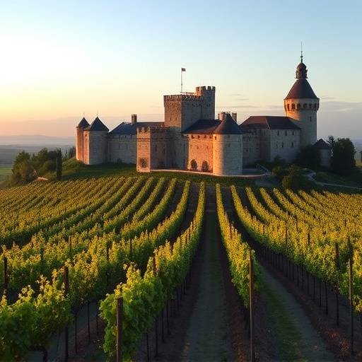 Vue d'un château médiéval avec des vignobles en arrière-plan dans la région de Bordeaux